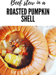 Pinterest image. Beef stew in a roasted pumpkin Shell
