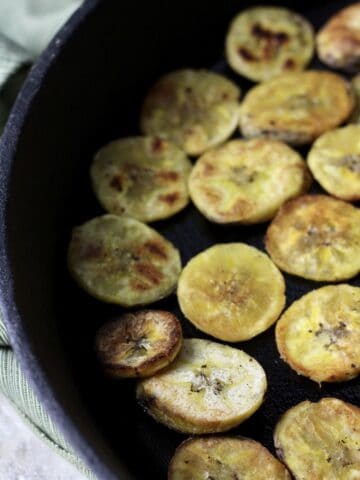 Plantain Chips in a Cast Iron Skillet
