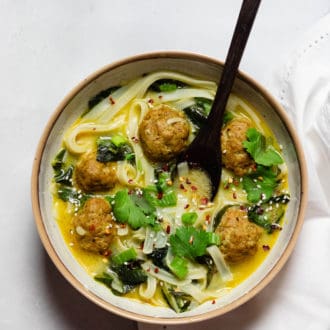 Thai inspired meatball soup with rice noodles and curry.