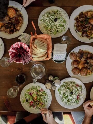 A overhead shot of a table full of Bulgarian food.