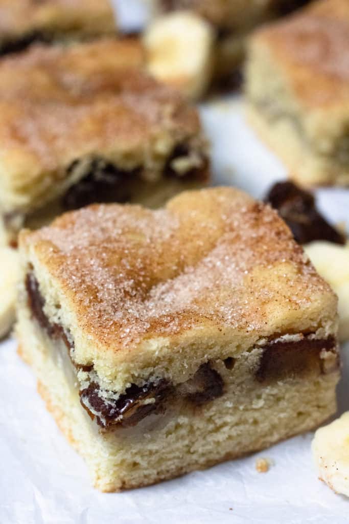 Close up of snickerdoodle cookie bars