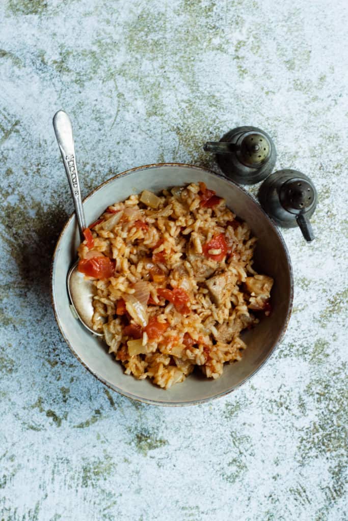 tuna rice with salt and pepper shaker