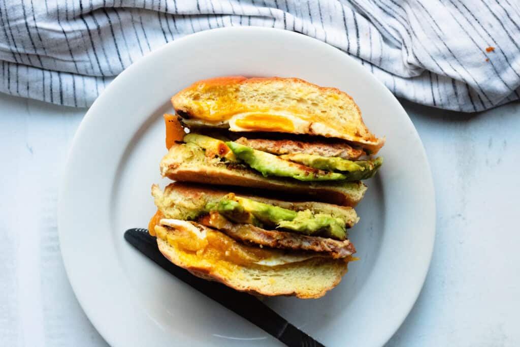 horizontal peameal bacon breakfast sandwich