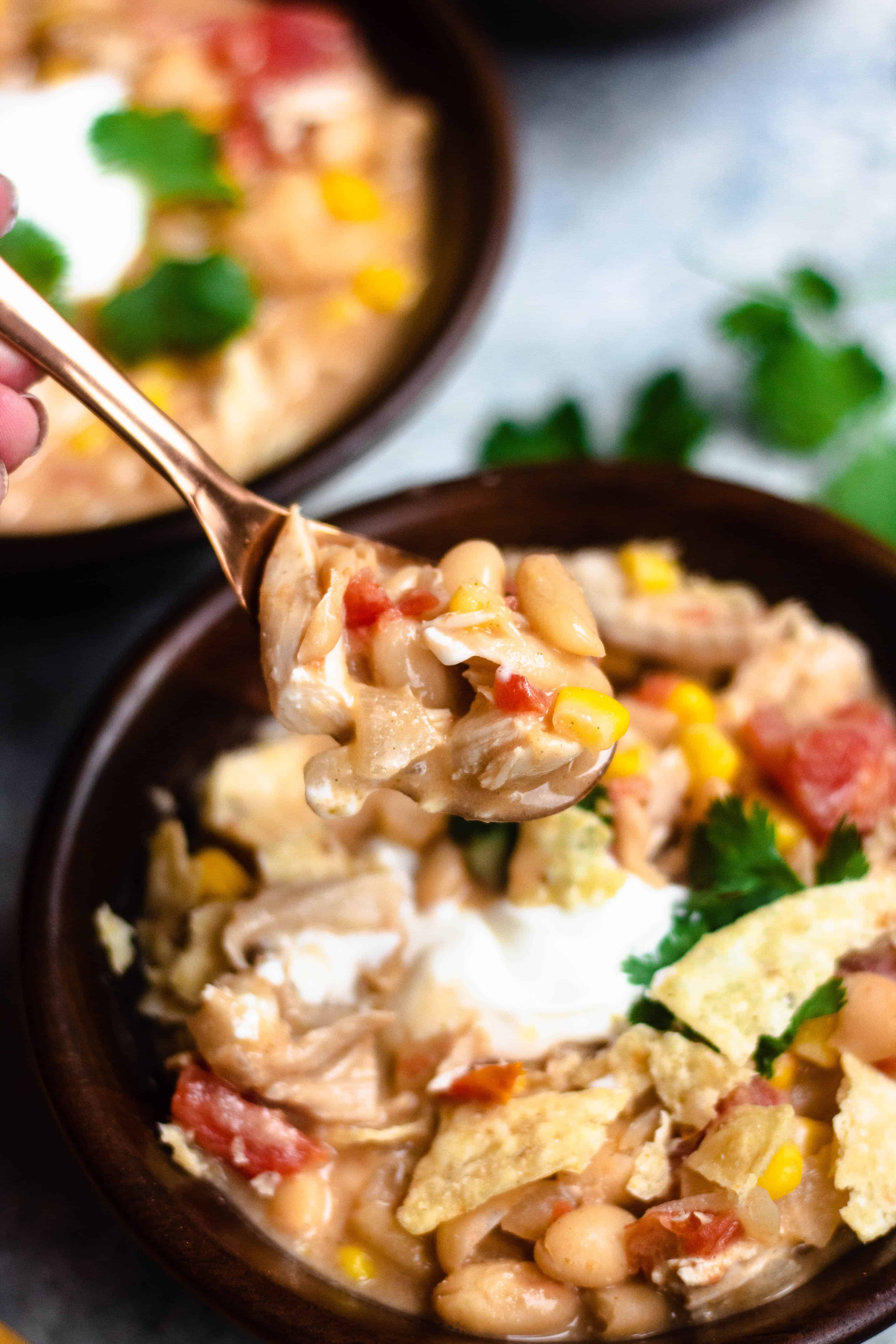 Spoonful of white bean chicken chili. 