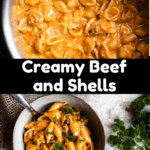 Creamy Beef and Shells Pinterest Image Middle Black Banner
