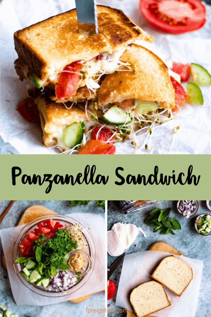 Pinterest image for Panzanella Sandwich with a collage of images.