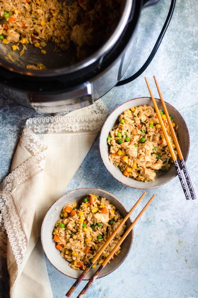 two bowls of Instant Pot Chicken Fried Rice 