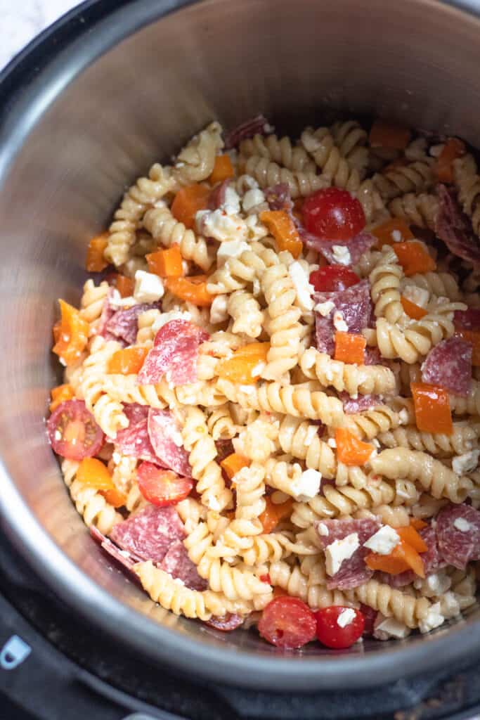 close up of easy pasta salad in the instant pot