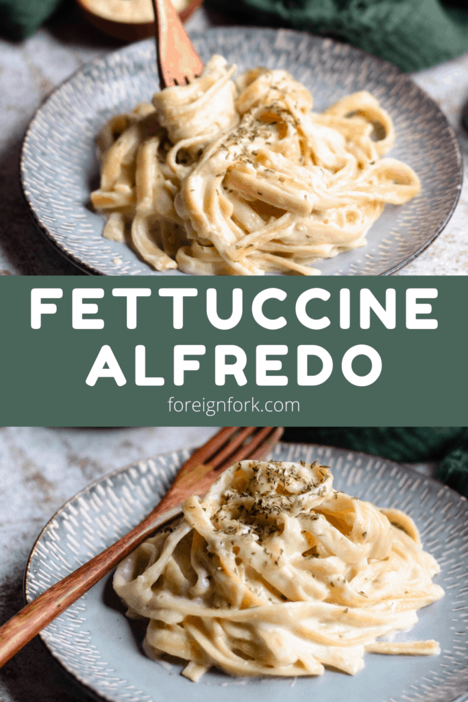 Pinterest images of Instant Pot Fettucine Alfredo on small plates, one with a fork twirling through the pasta. 