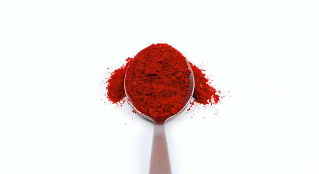 A spoon of red paprika, a common spice in Hungarian food 