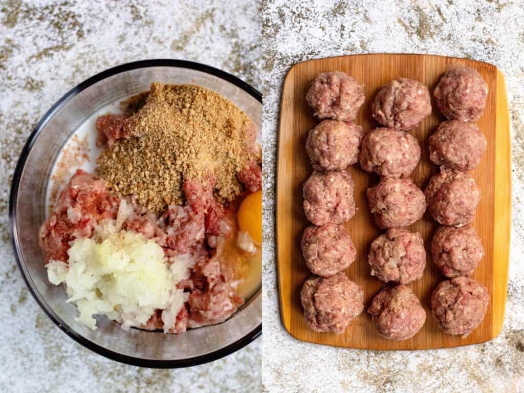 Collage for how to make form meatballs for frikadller. One shows ingredients, one shows meatballs 
