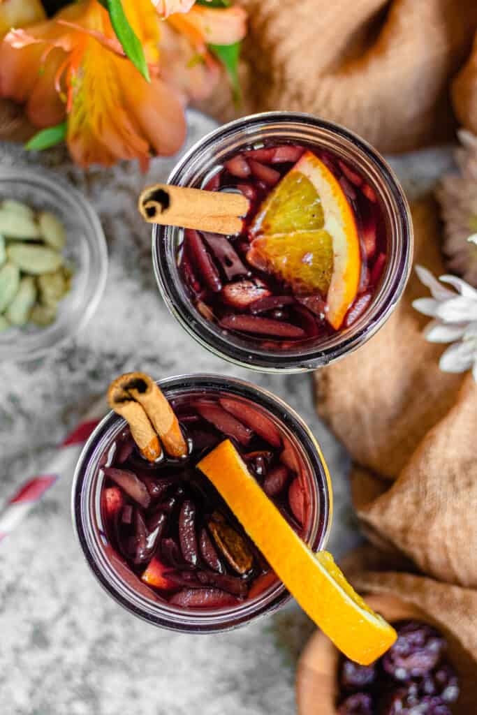 Overhead view of Mason jars with mulled wine 
