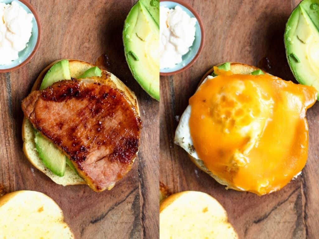 Collage of breakfast sandwich being assembled with meat, then egg
