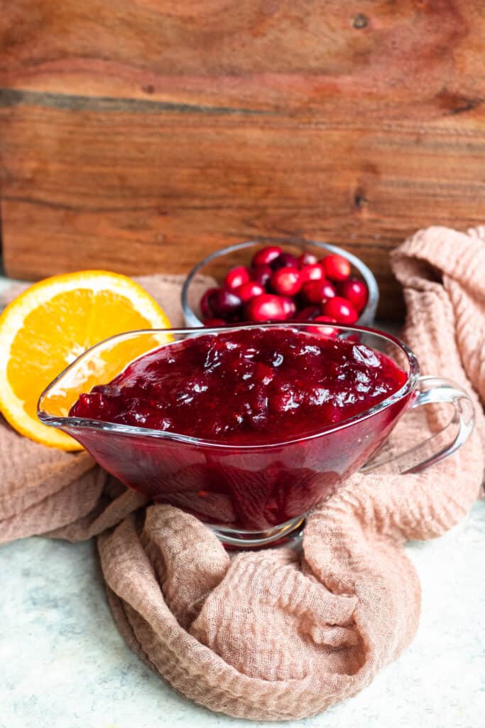 Cranberry sauce in a gravy dish 