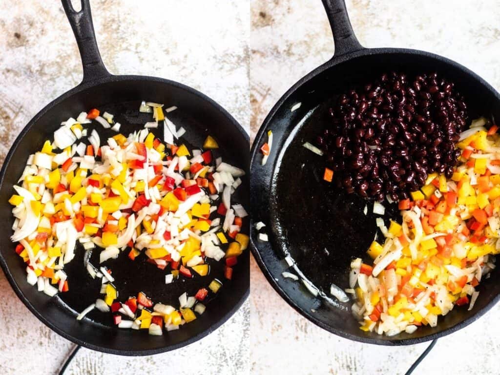 Side by side collage of skillet with vegetables and beans