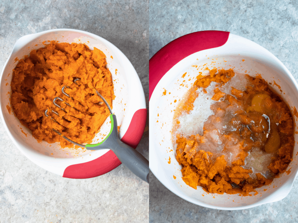 Collages for how to make sweet potato casserole with the filling in a mixing bowl and a potato masher next to the filling. 
