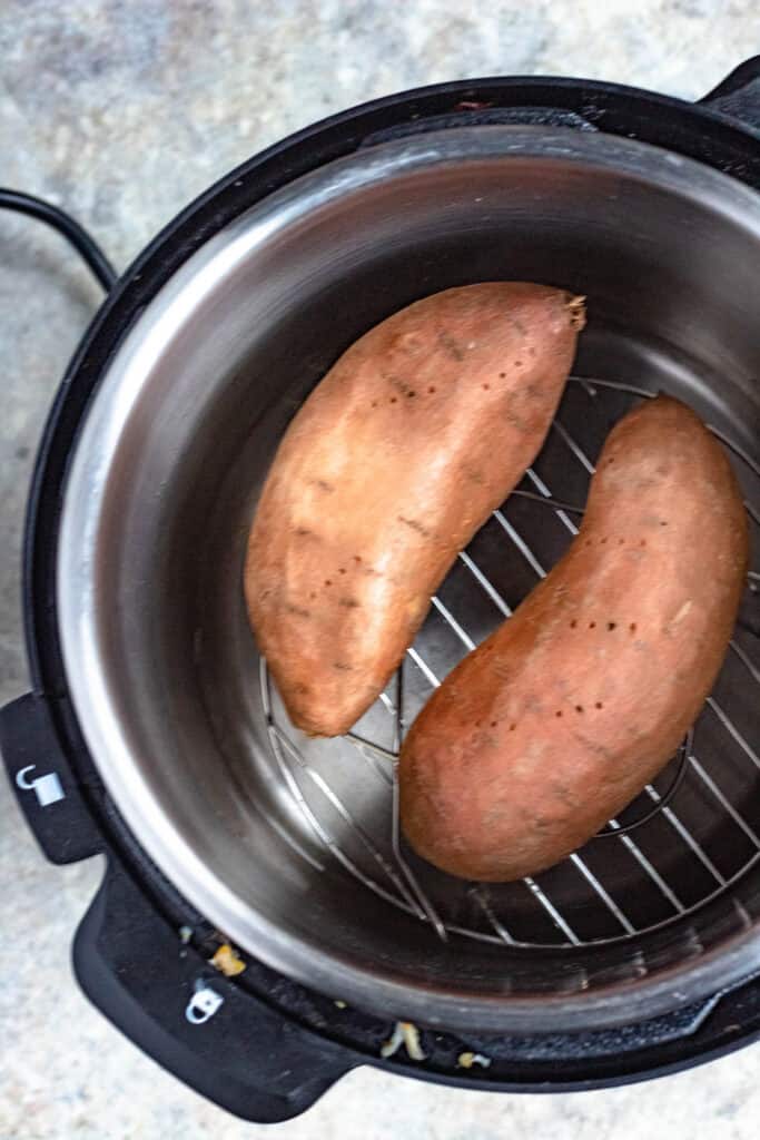 Sweet Potatoes in the Instant Pot, pierced with a fork