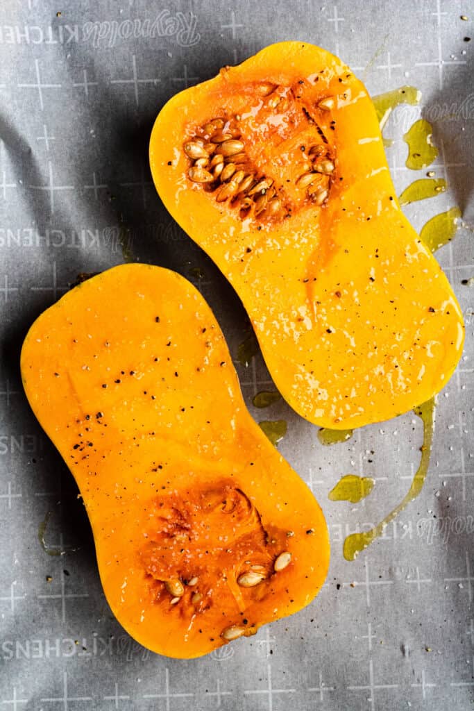 Butternut squash drizzled in olive oil with salt and pepper