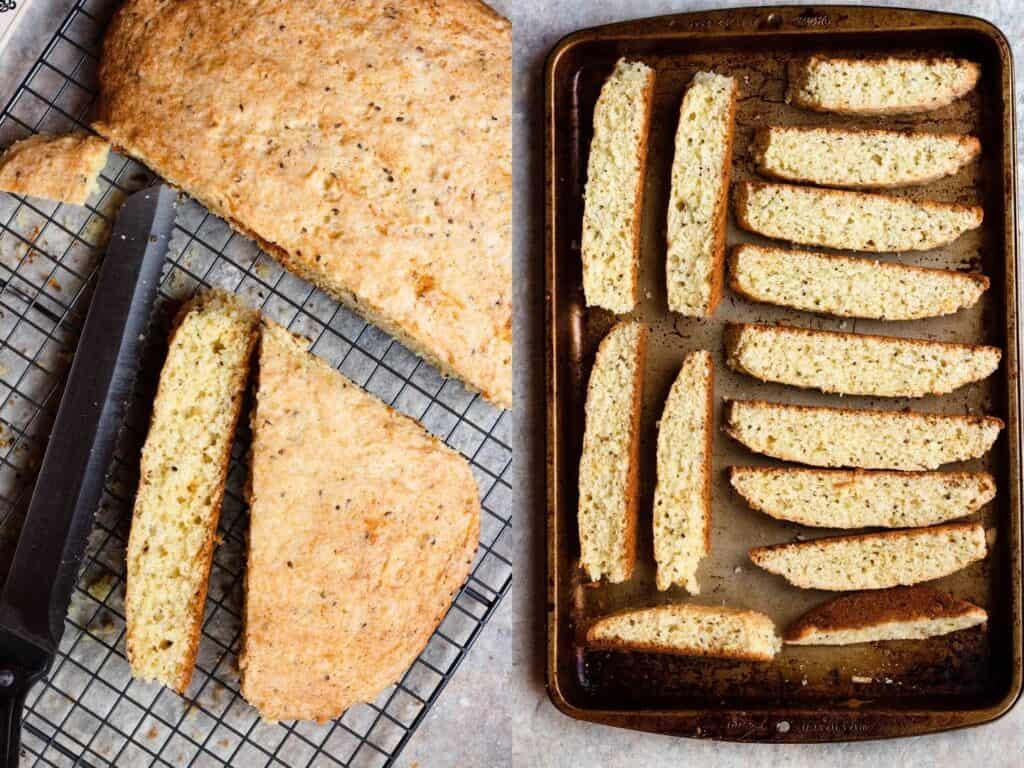 collage of cutting the biscotti and then toasting them 