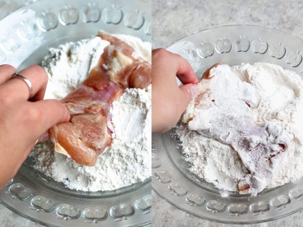 Chicken being coated in flour 