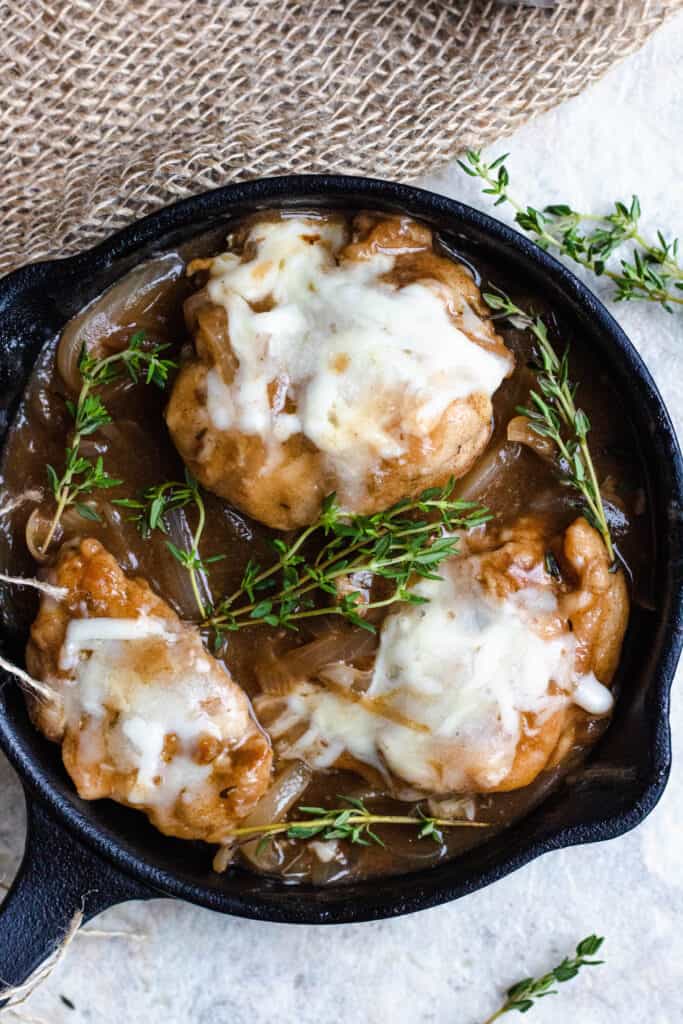 Close up of French Onion chicken with thyme 