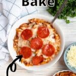 Summertime Pizza Pasta Bake Pinterest Image top outlined title