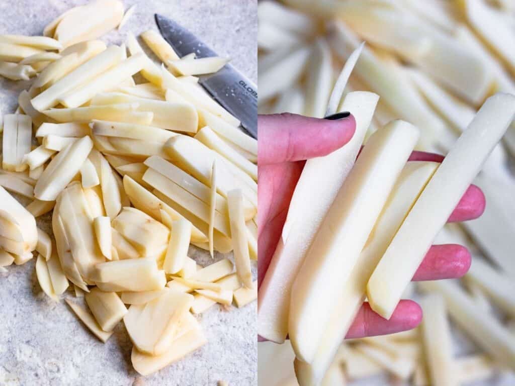 Collage of cutting potatoes into a french fry shape