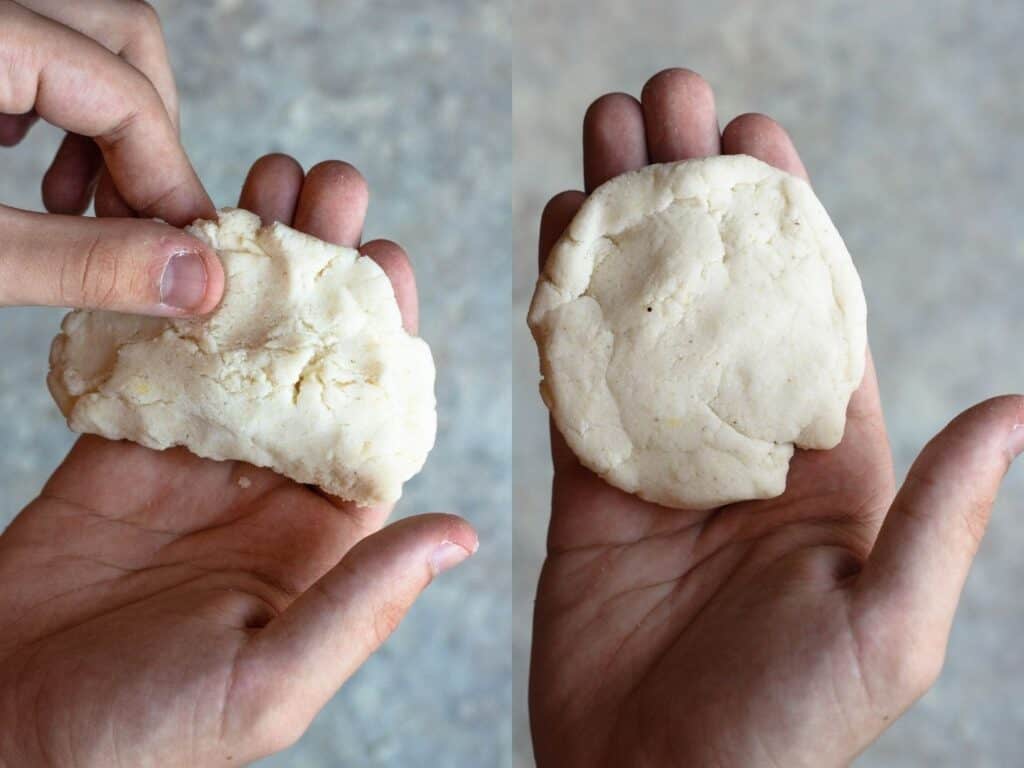 Collage of folding dough with cheese inside