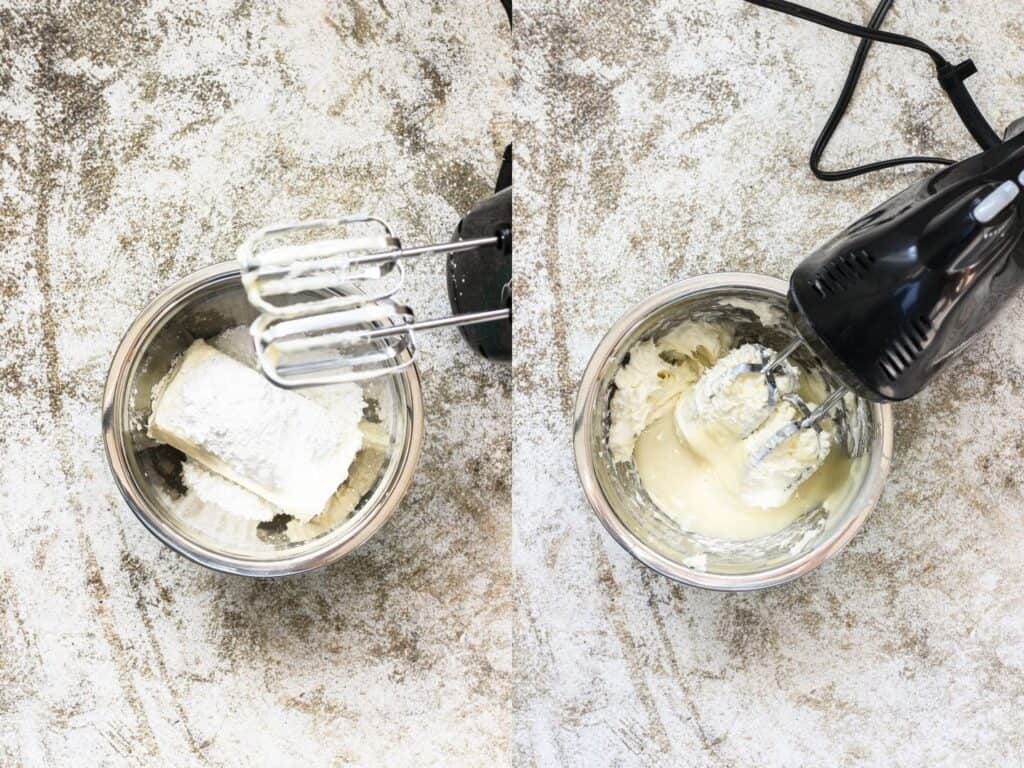 Collage of making cream cheese filling