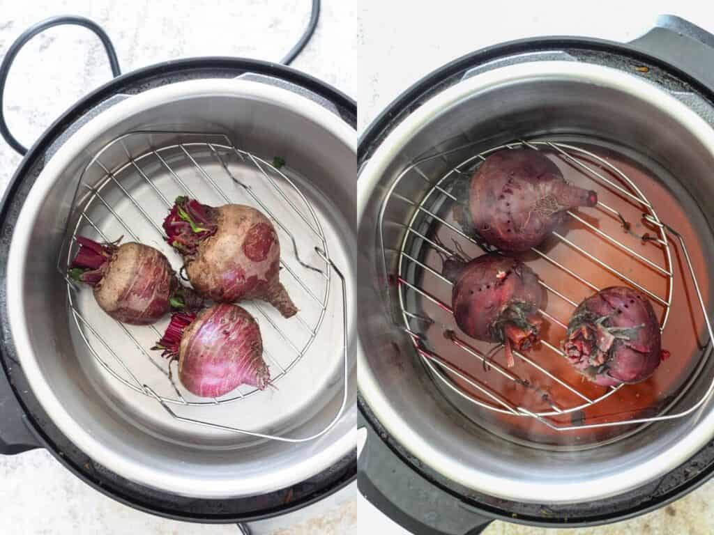 inside of an instant pot with cooked beets 