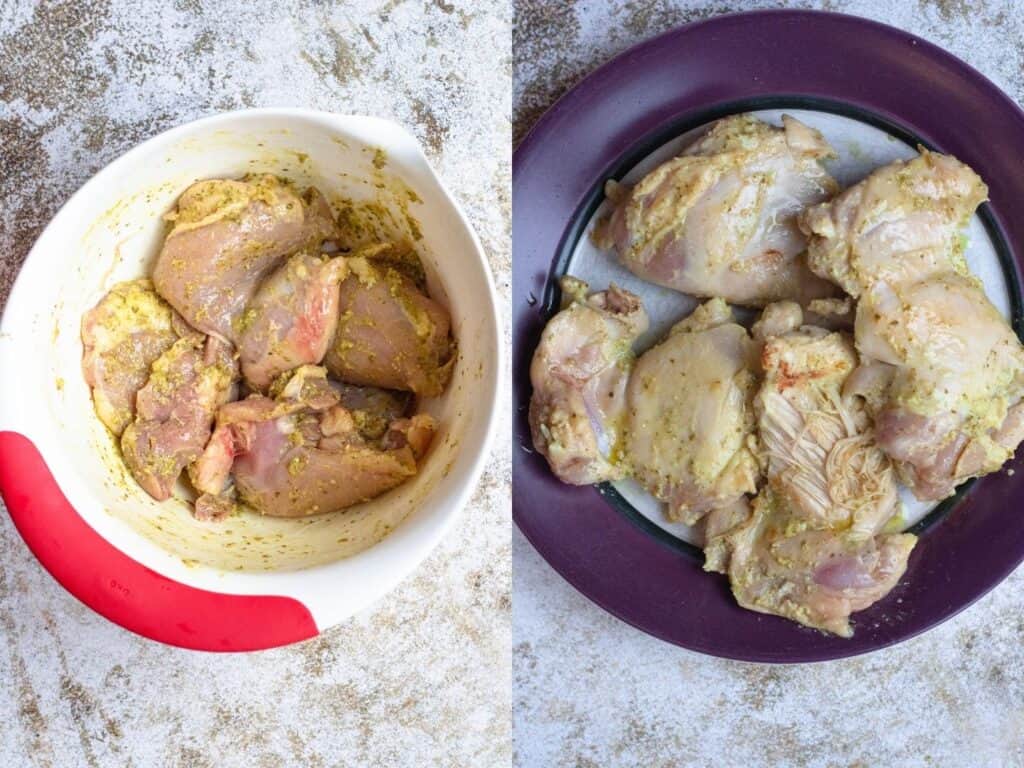 collage of marinating and cooking chicken thighs