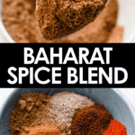 Pinterest image of a spoonful of the baharat spice blend, and a bowl of the unmixed ingredients of the baharat spice bled.