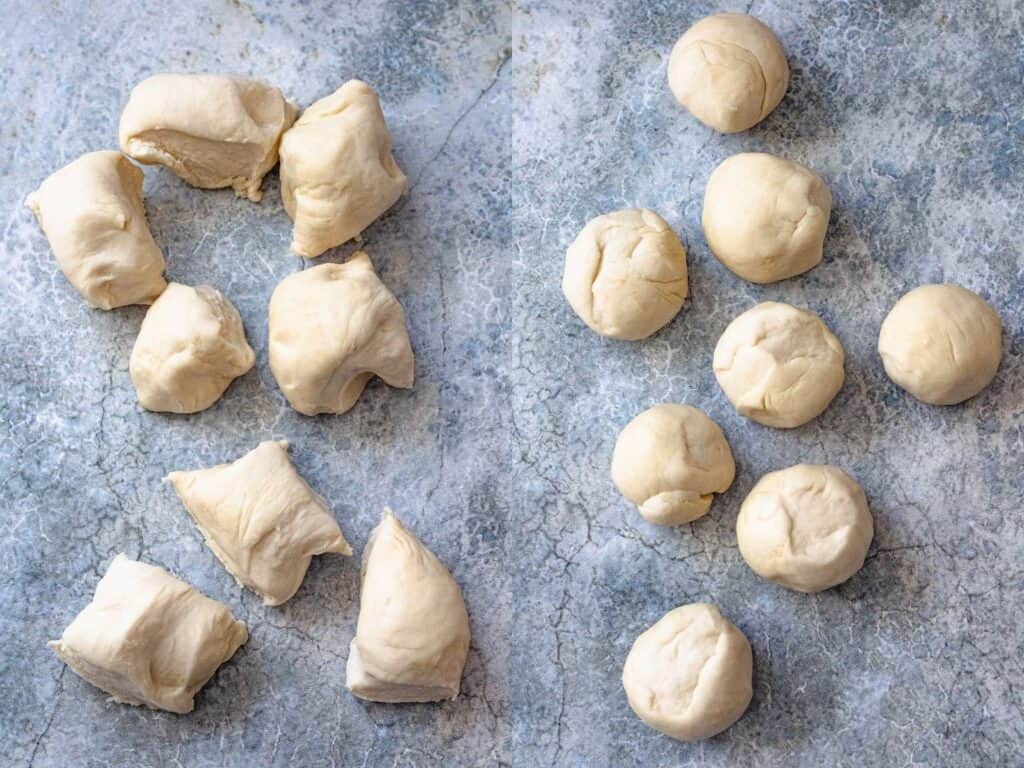 collage of dough balls being rolled out