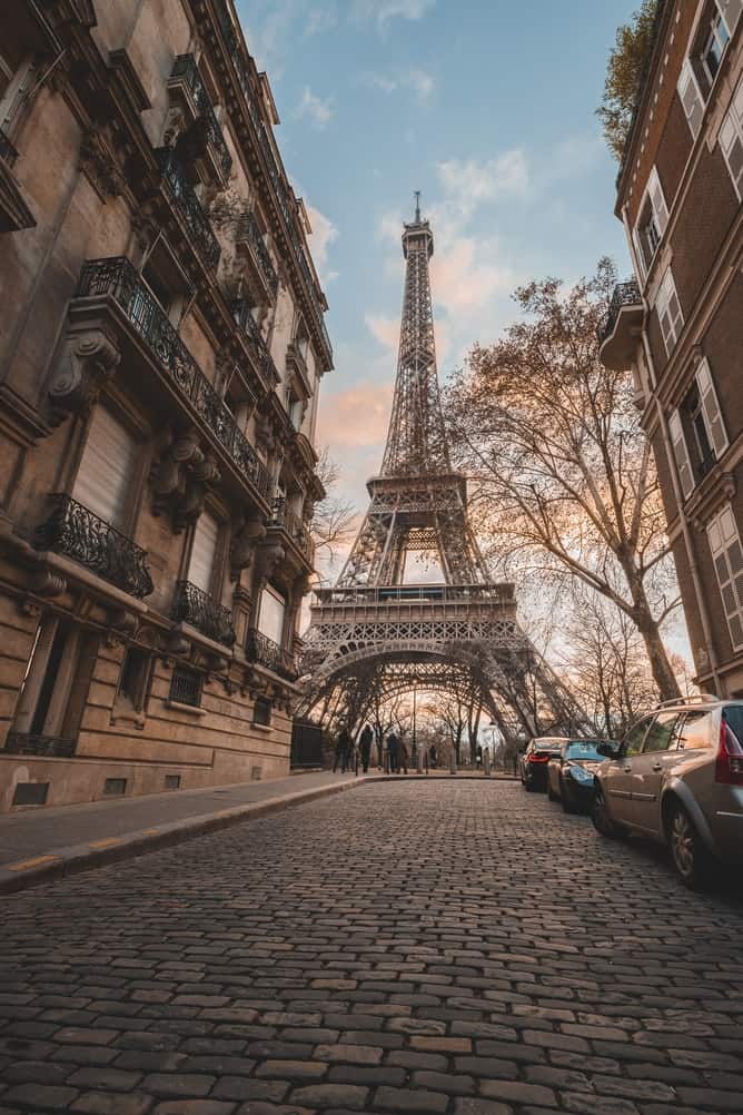 Eiffel tower from a street in France 