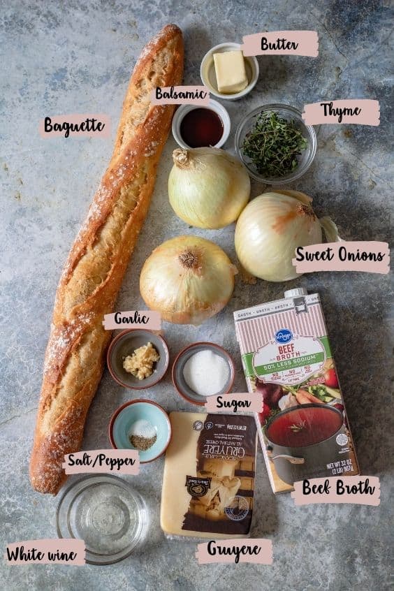 Ingredients shown that are used to prepare french onion soup. 