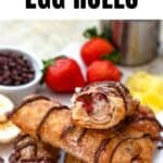 Pinterest image showing a pile of banana split egg rolls and one with a bite taken out of it.