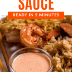 Pinterest image of a close-up shot of a small bowl of yum yum sauce with rice, noodles, and shrimp on a plate with chopsticks on the side.