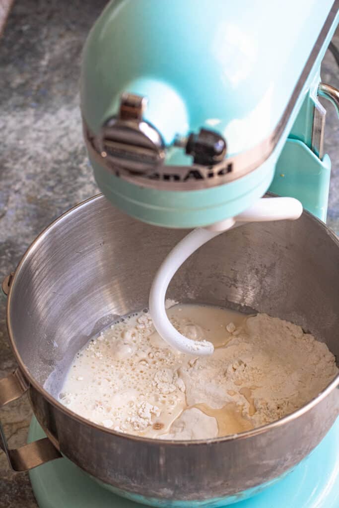 Bread dough in the kitchen aid before being mixed 