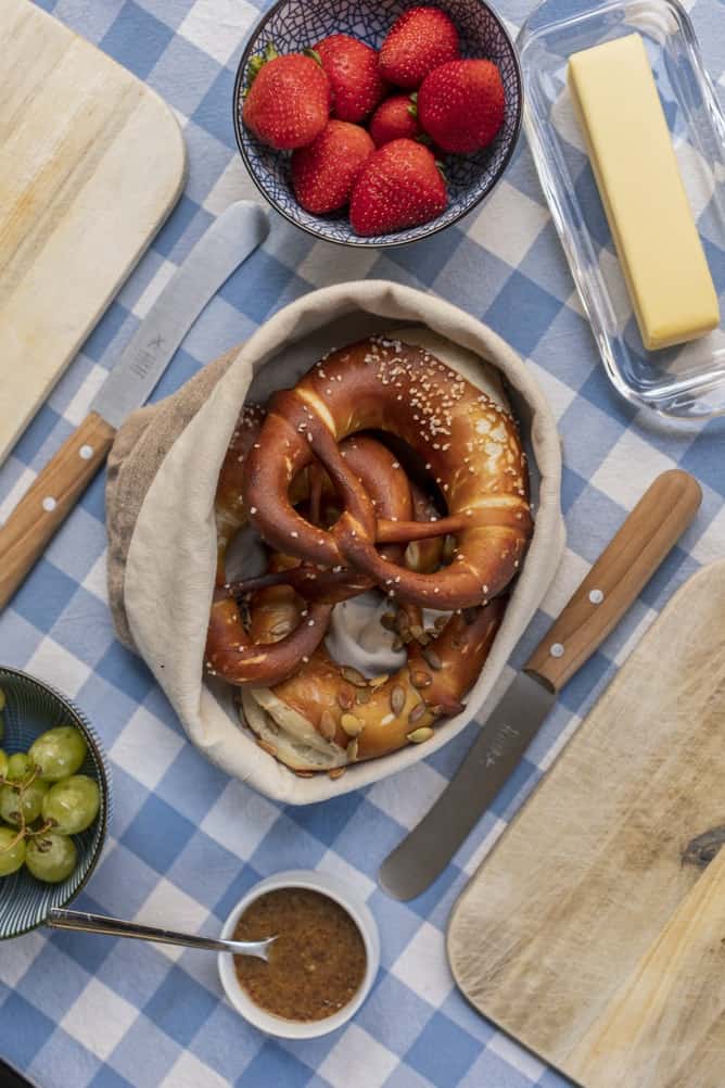 table setting with soft pretzels 