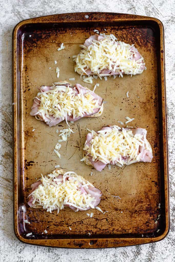 Assembled croque monsieur sandwiches before being cooked