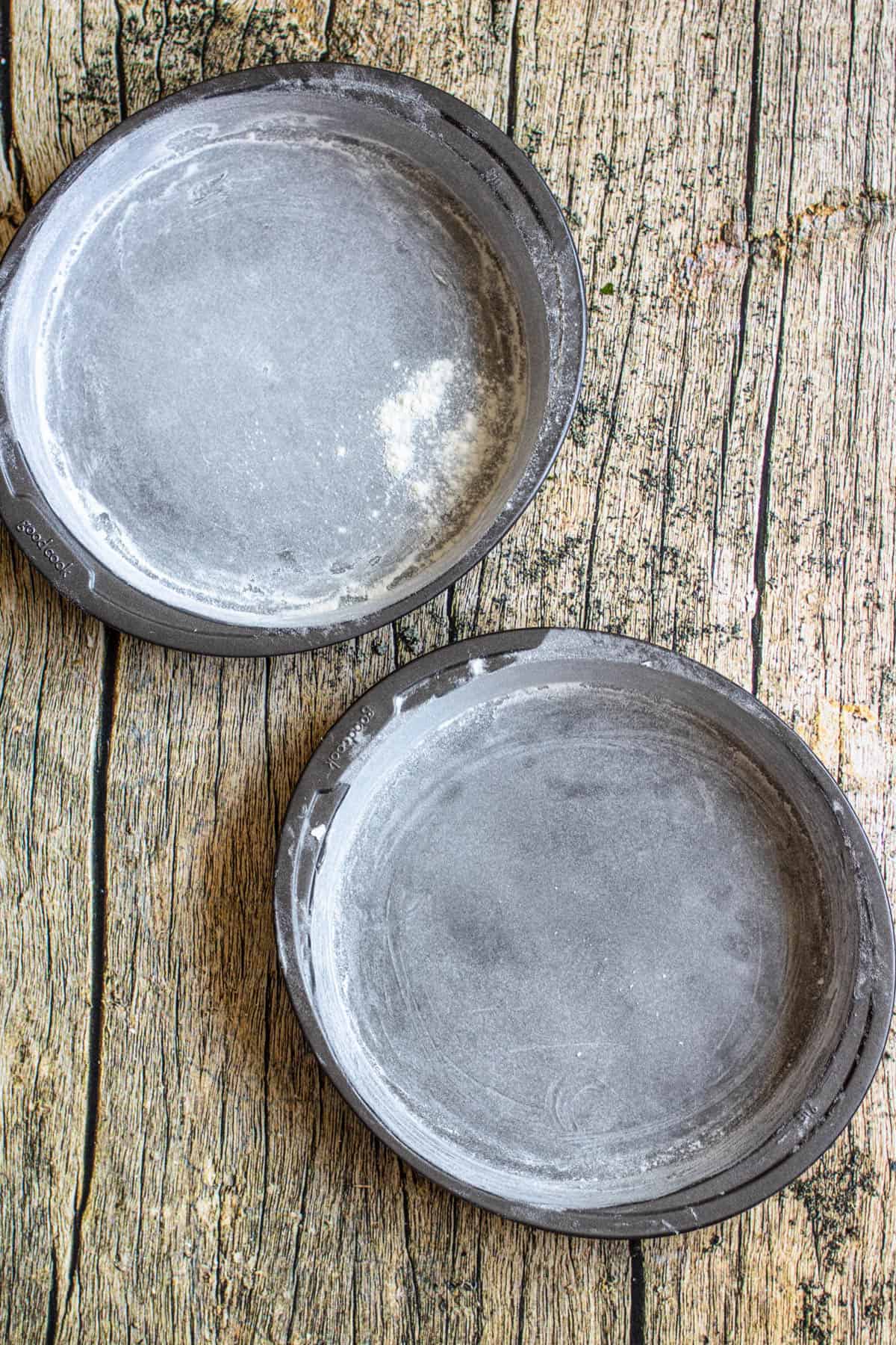 Buttered and floured round cake tins