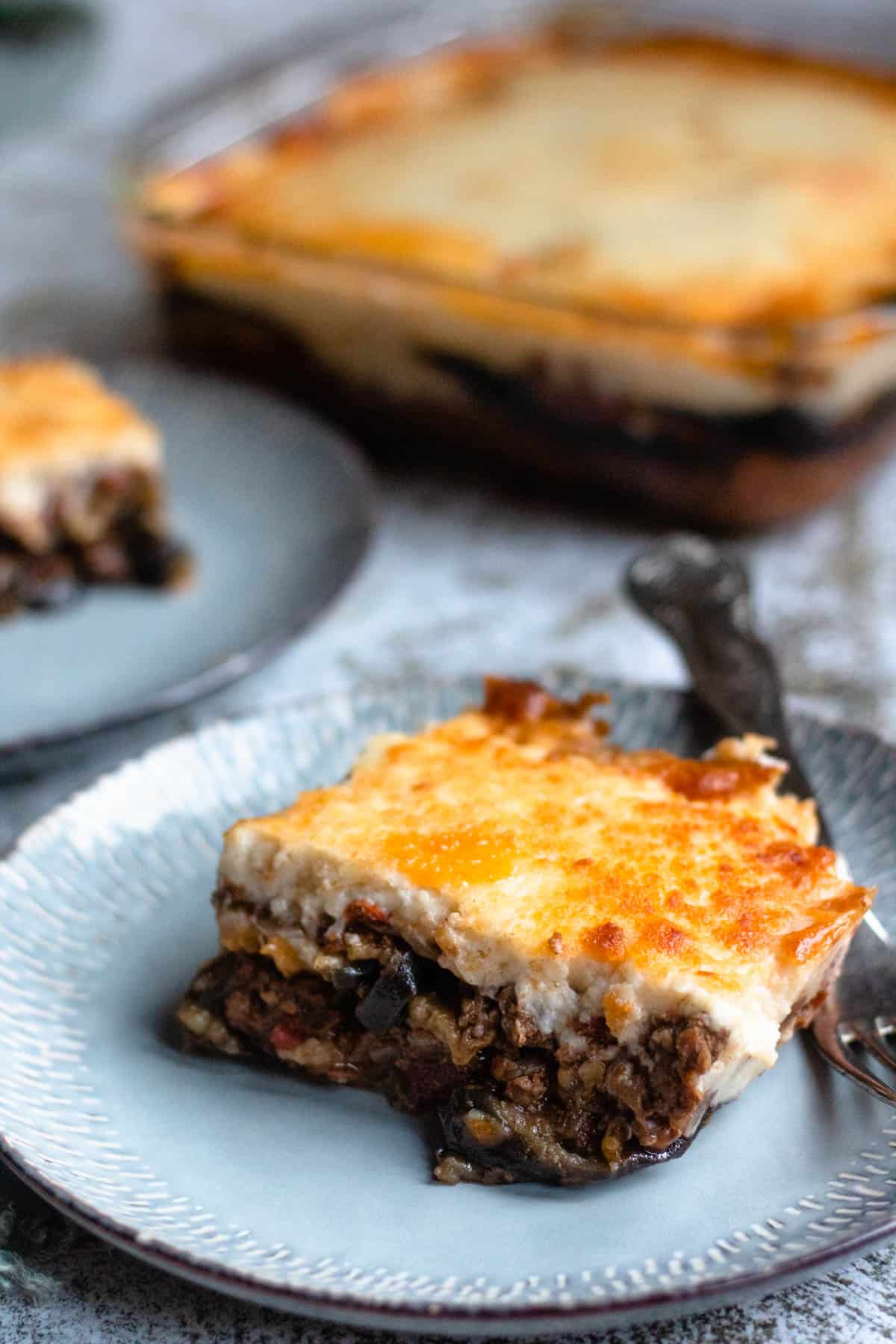 close up of moussaka on a plate
