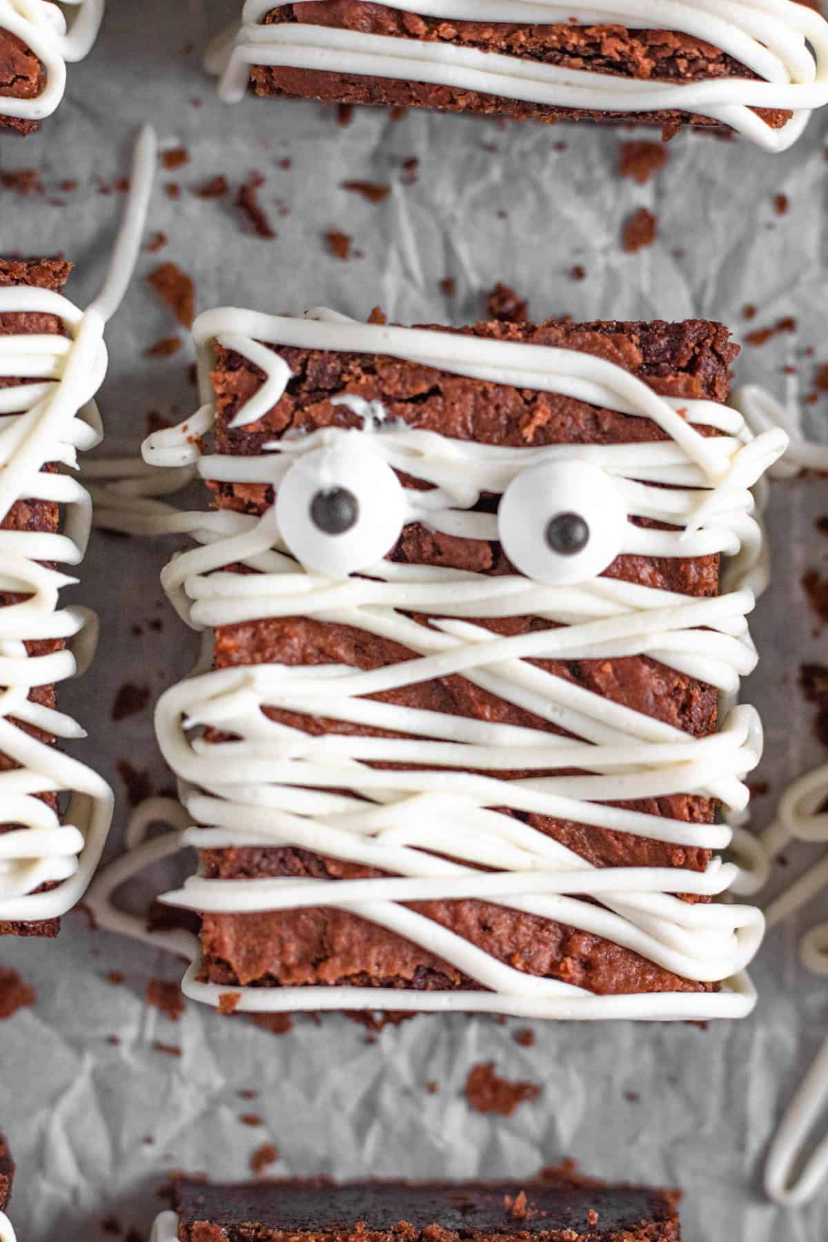 Close up view of mummy brownies 