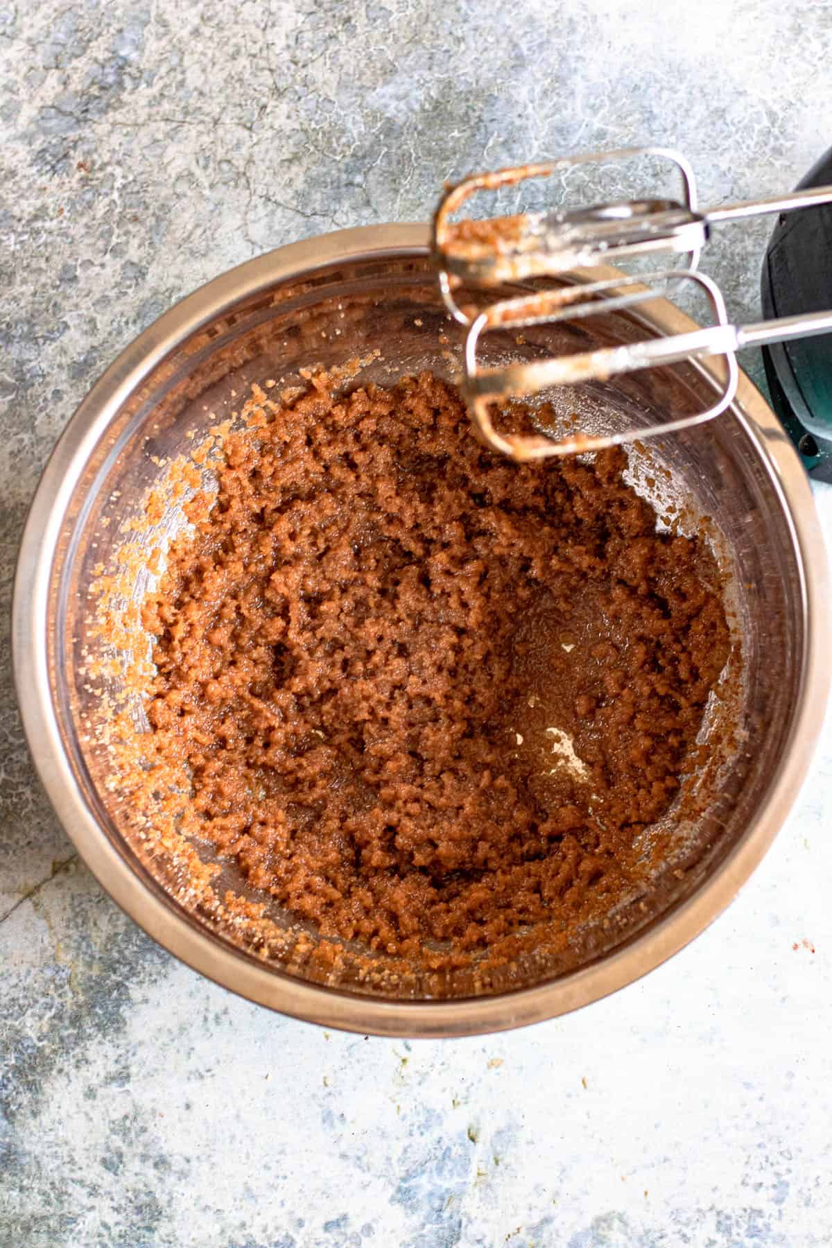 Mixing bowl with a blended chocolate mixture.