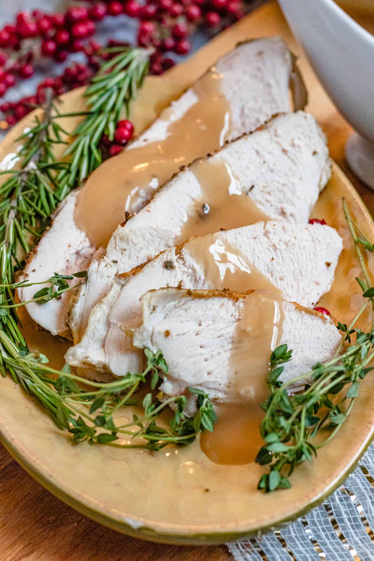 pieces of turkey breast covered in gravy 