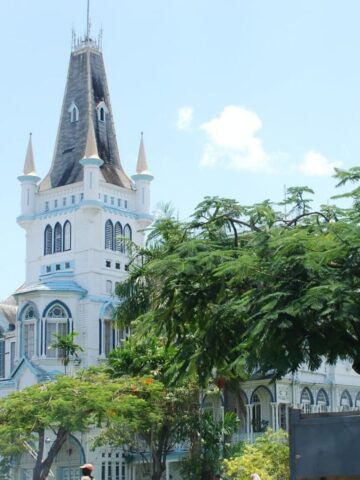A white and blue tower in guyana with trees in front.