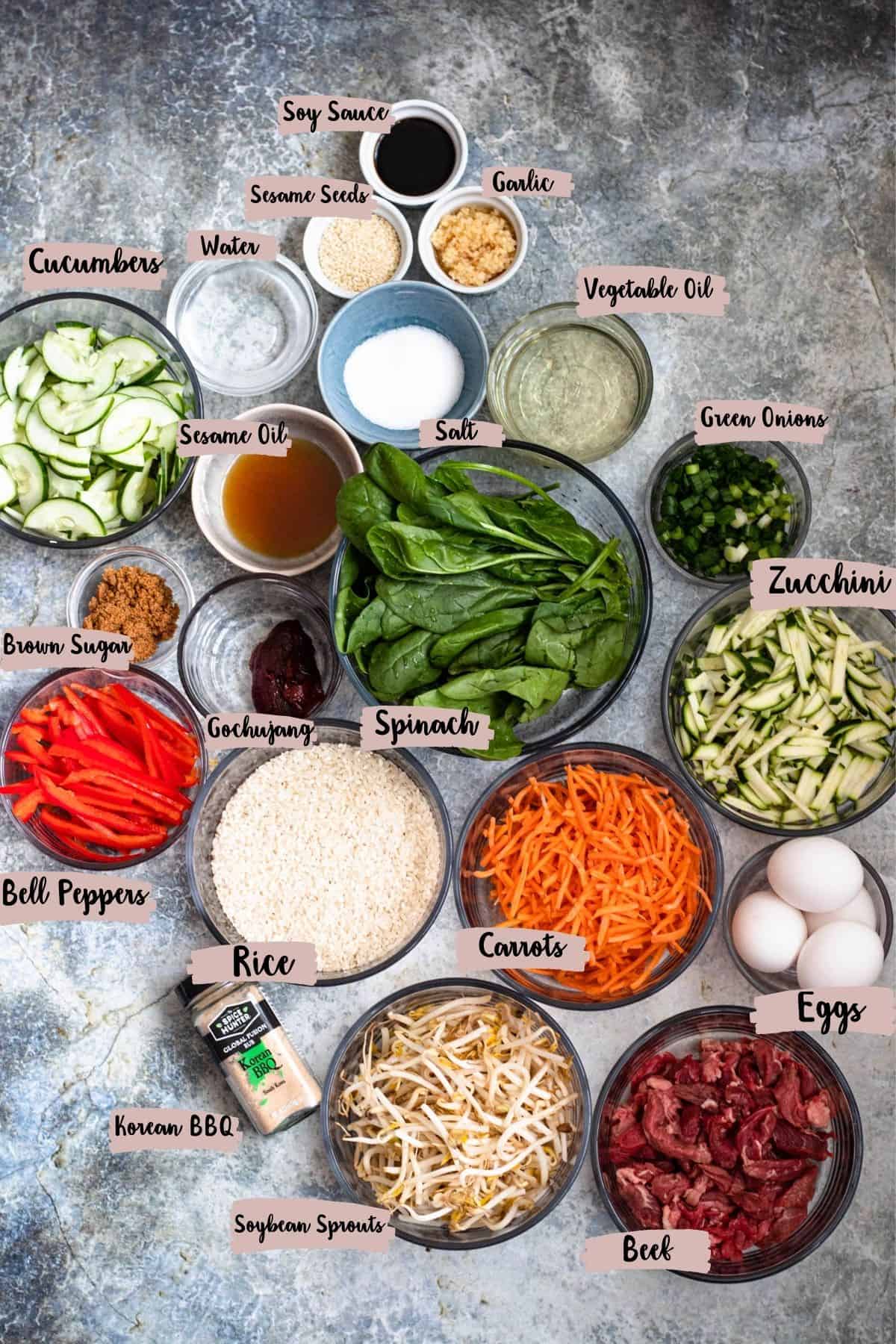 labeled ingredient shot for beef bibimbap