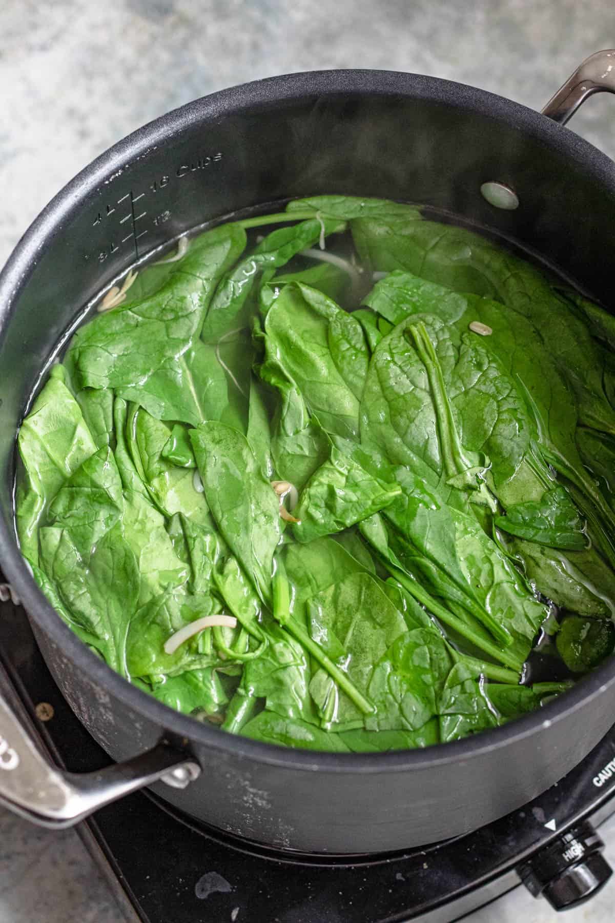 pot with spinach leaves and water inside 