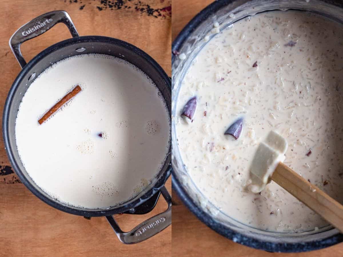 Left photo of milks added to the rice/cinnamon mixture. Right photo of the cover being removed to finish cooking the sweetened rice. 
