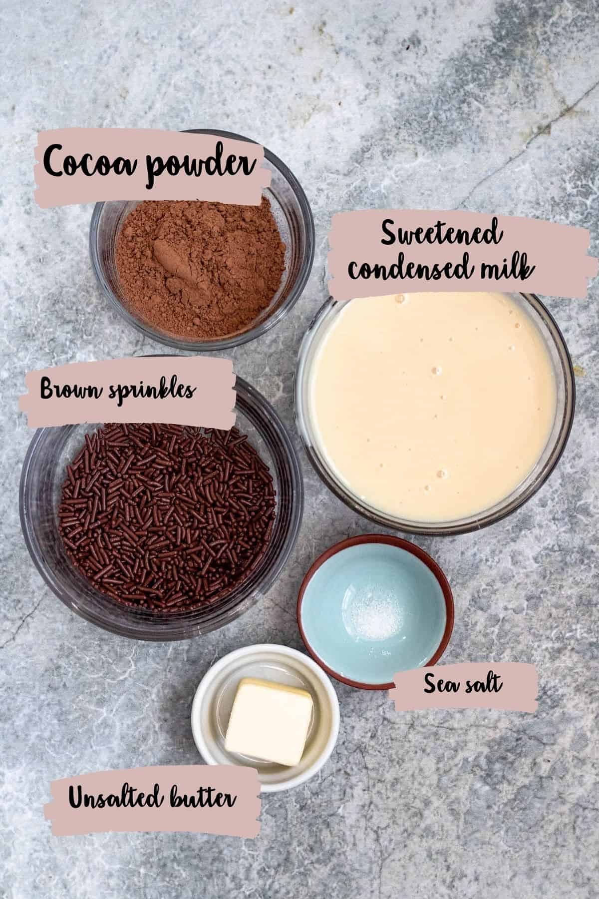 Measured and labeled ingredients to make a Brigadeiro recipe. 